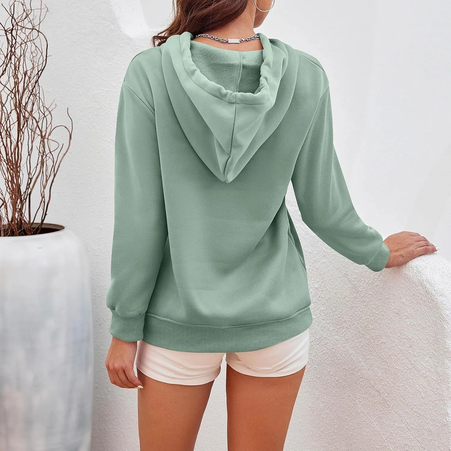 CRNTCEM Womens Button Up Hoodie Sweatshirts V Neck Casual Loose Long Sleeve Drawstring Oversized Pullover Tops with Pockets