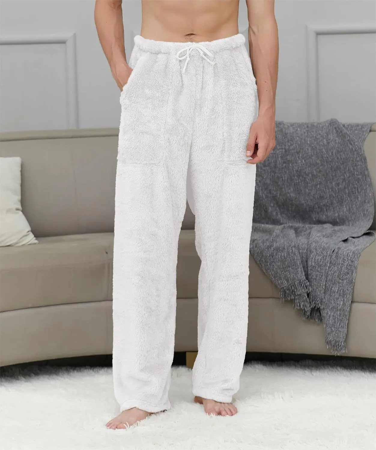 Cromoncent Men's Plush Warm Pajama Pants, Winter Cozy Fleece Lounge Sleepwear Pj Bottoms