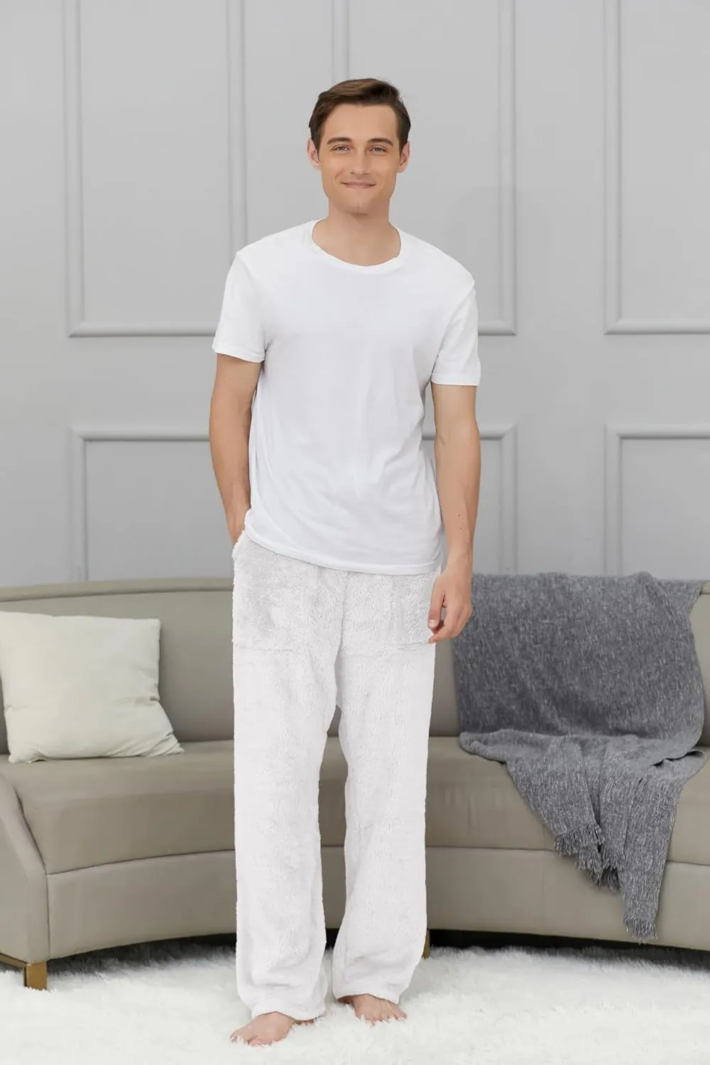 Cromoncent Men's Plush Warm Pajama Pants, Winter Cozy Fleece Lounge Sleepwear Pj Bottoms