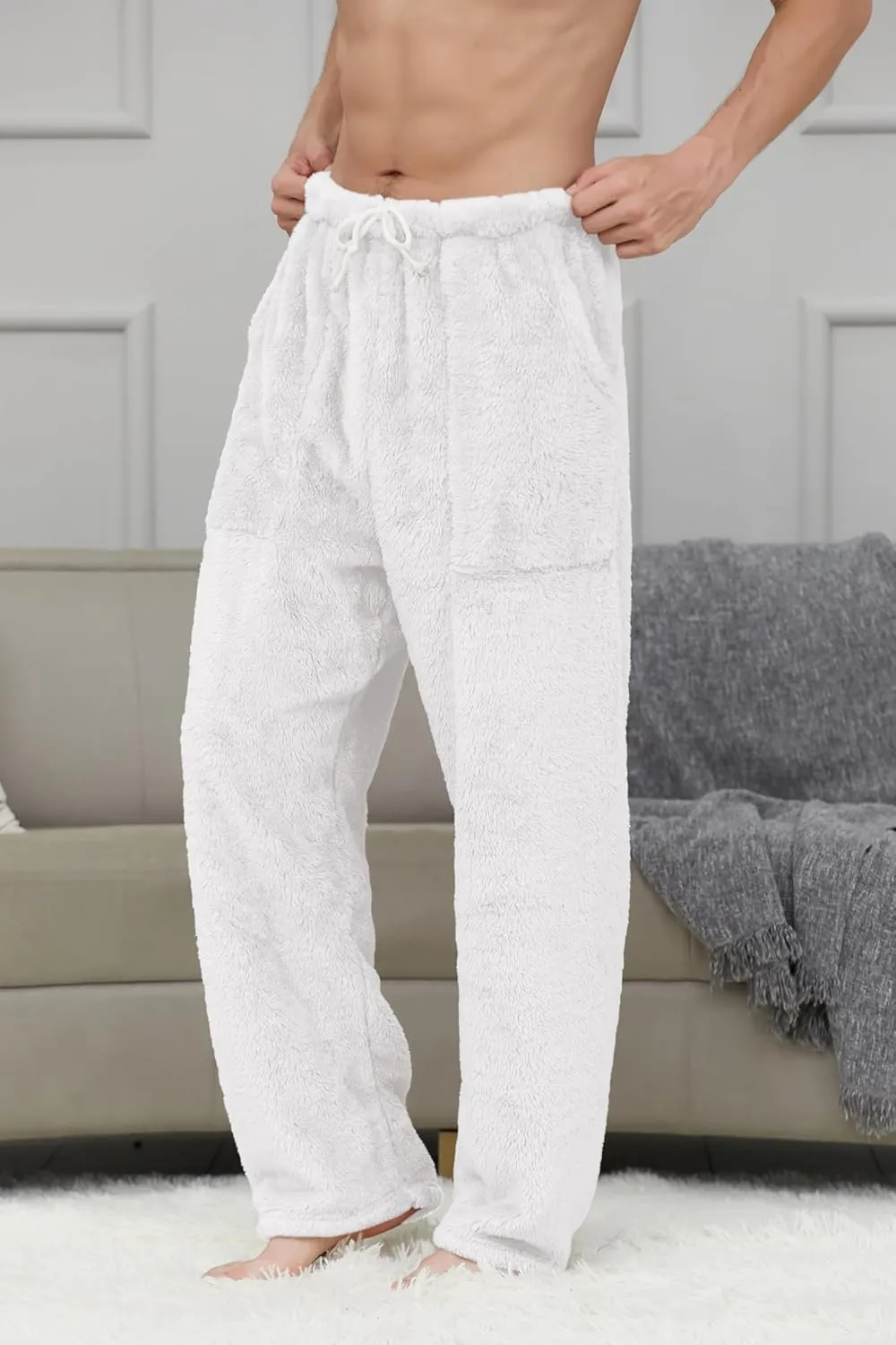 Cromoncent Men's Plush Warm Pajama Pants, Winter Cozy Fleece Lounge Sleepwear Pj Bottoms