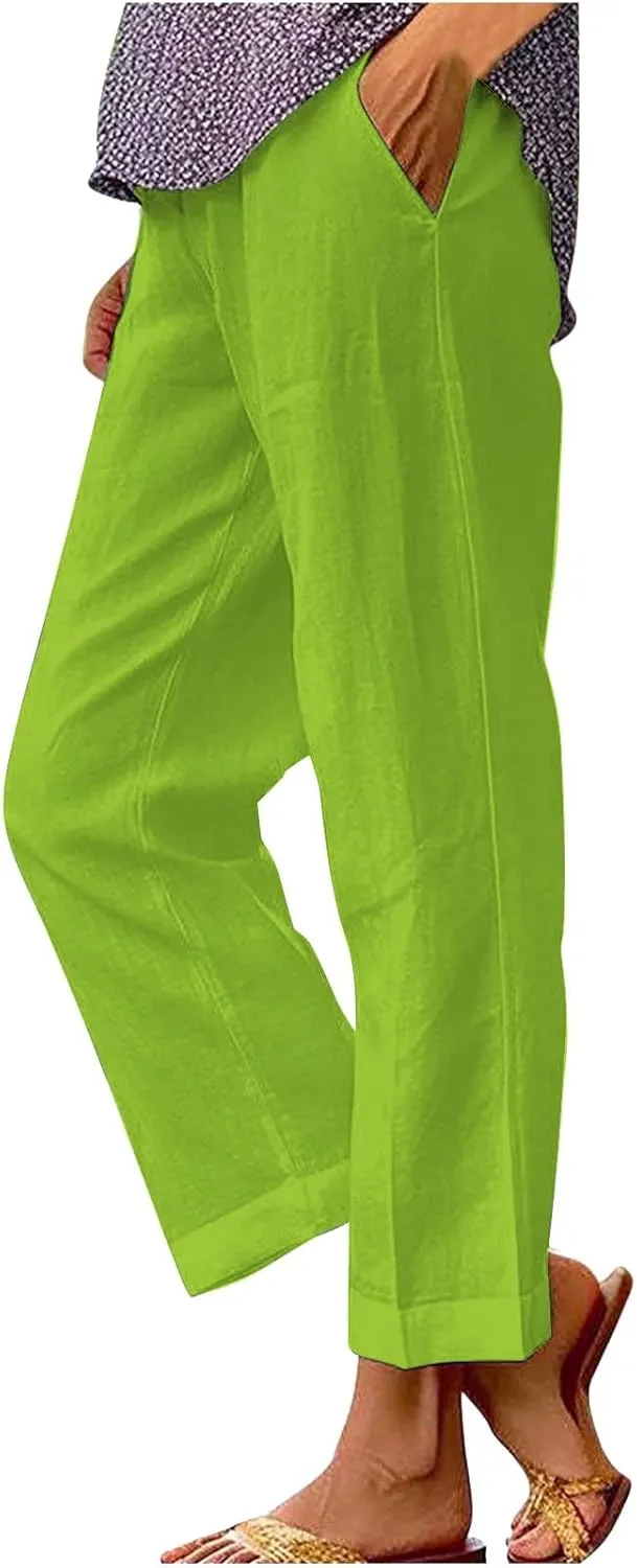 Cropped Linen Pants Women Summer Elastic Waist Straight Leg Plus Size Crop Pants Casual Beach Trousers with Pockets