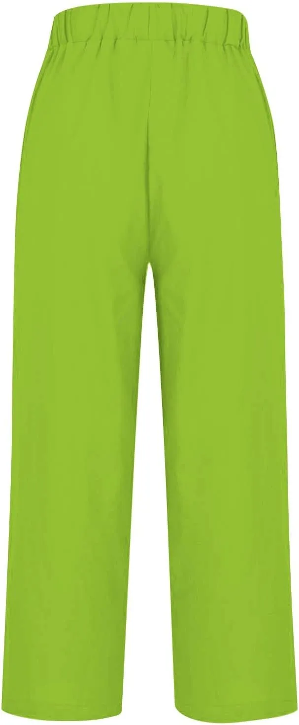 Cropped Linen Pants Women Summer Elastic Waist Straight Leg Plus Size Crop Pants Casual Beach Trousers with Pockets