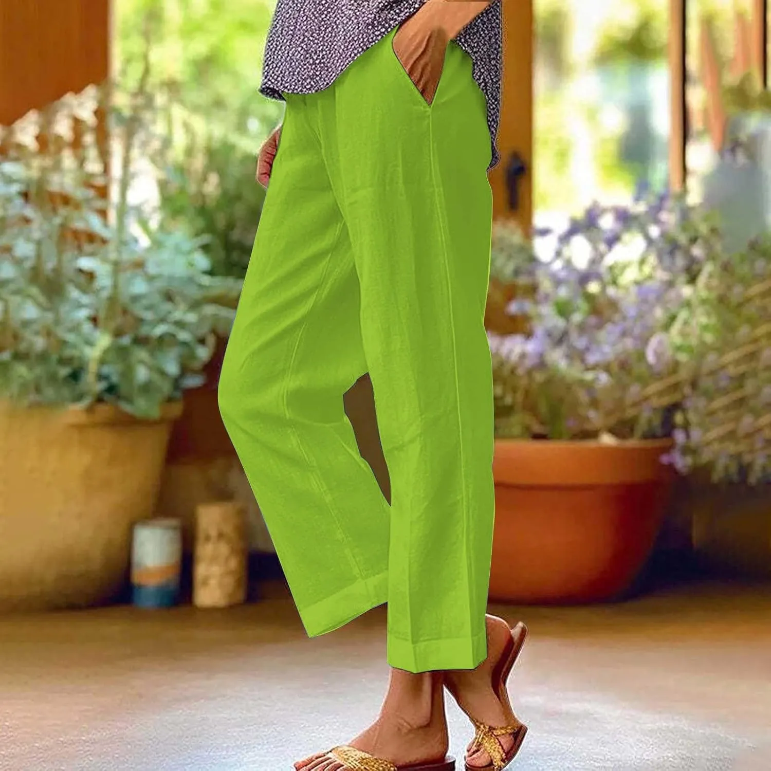 Cropped Linen Pants Women Summer Elastic Waist Straight Leg Plus Size Crop Pants Casual Beach Trousers with Pockets