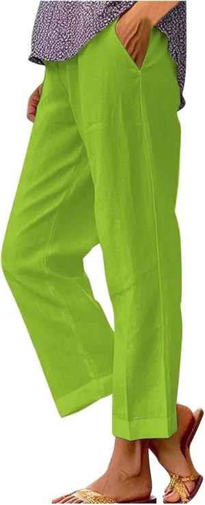 Cropped Linen Pants Women Summer Elastic Waist Straight Leg Plus Size Crop Pants Casual Beach Trousers with Pockets
