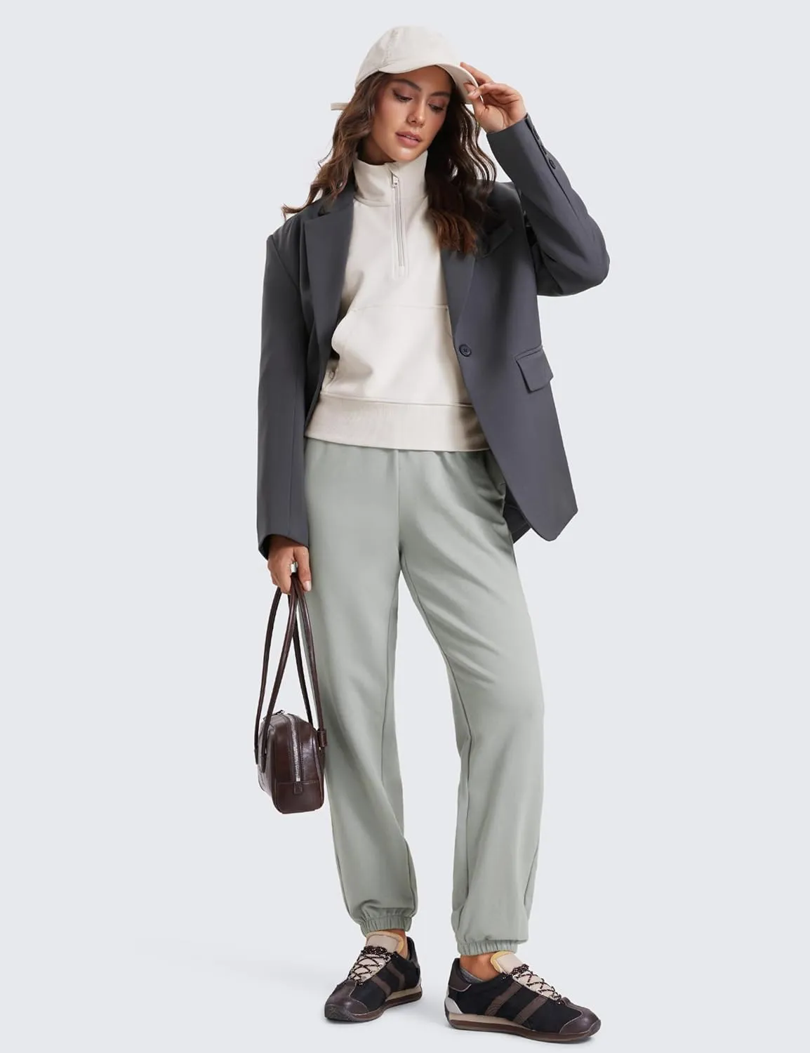 CRZ YOGA Fleece Sweatpants Women Cotton Joggers High Waisted Lounge Casual Travel Elastic Bottom Pants with Pockets