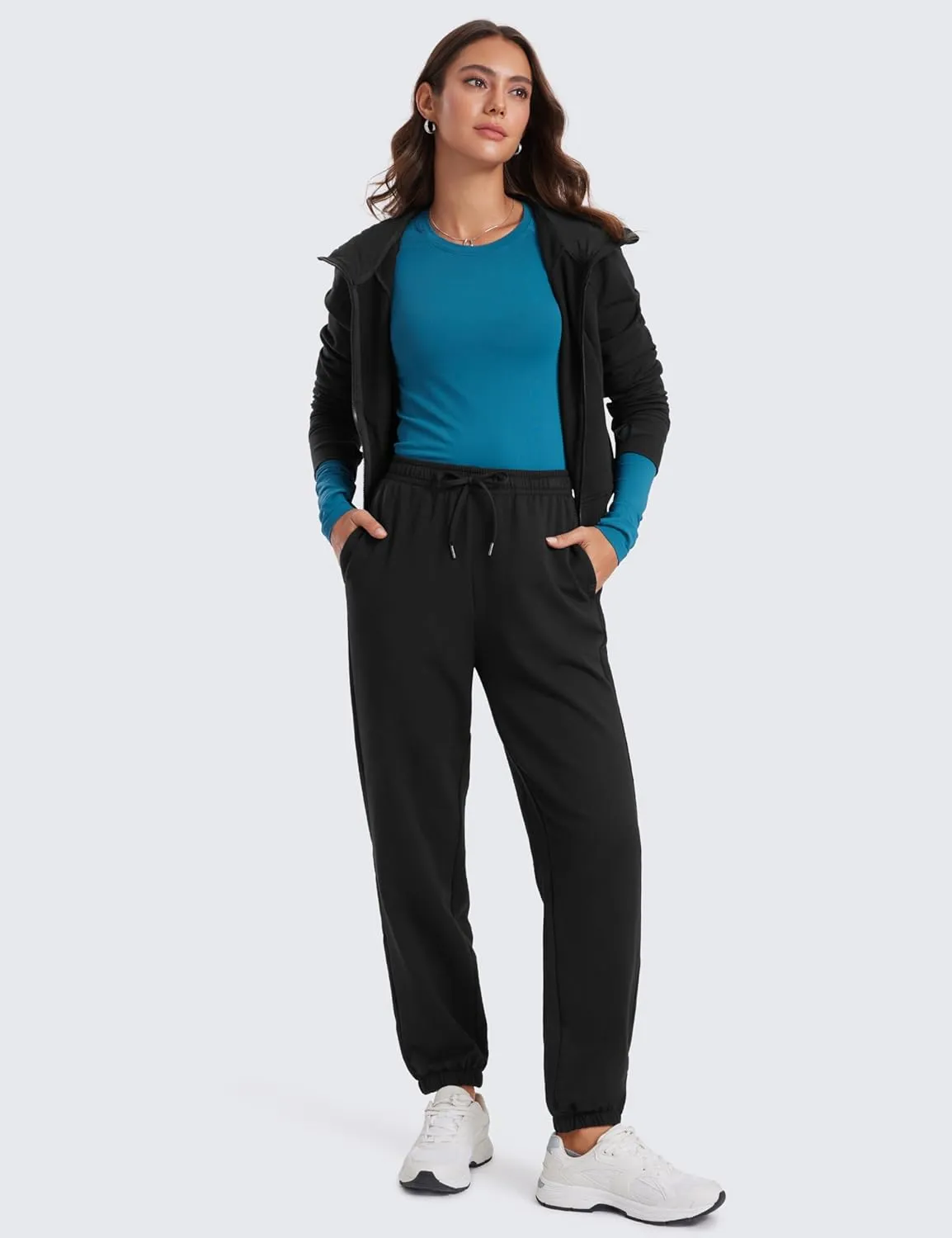 CRZ YOGA Fleece Sweatpants Women Cotton Joggers High Waisted Lounge Casual Travel Elastic Bottom Pants with Pockets