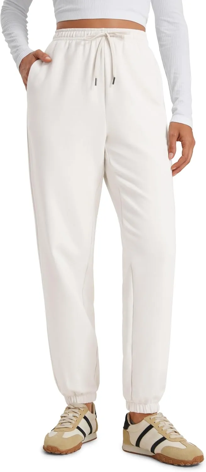 CRZ YOGA Fleece Sweatpants Women Cotton Joggers High Waisted Lounge Casual Travel Elastic Bottom Pants with Pockets