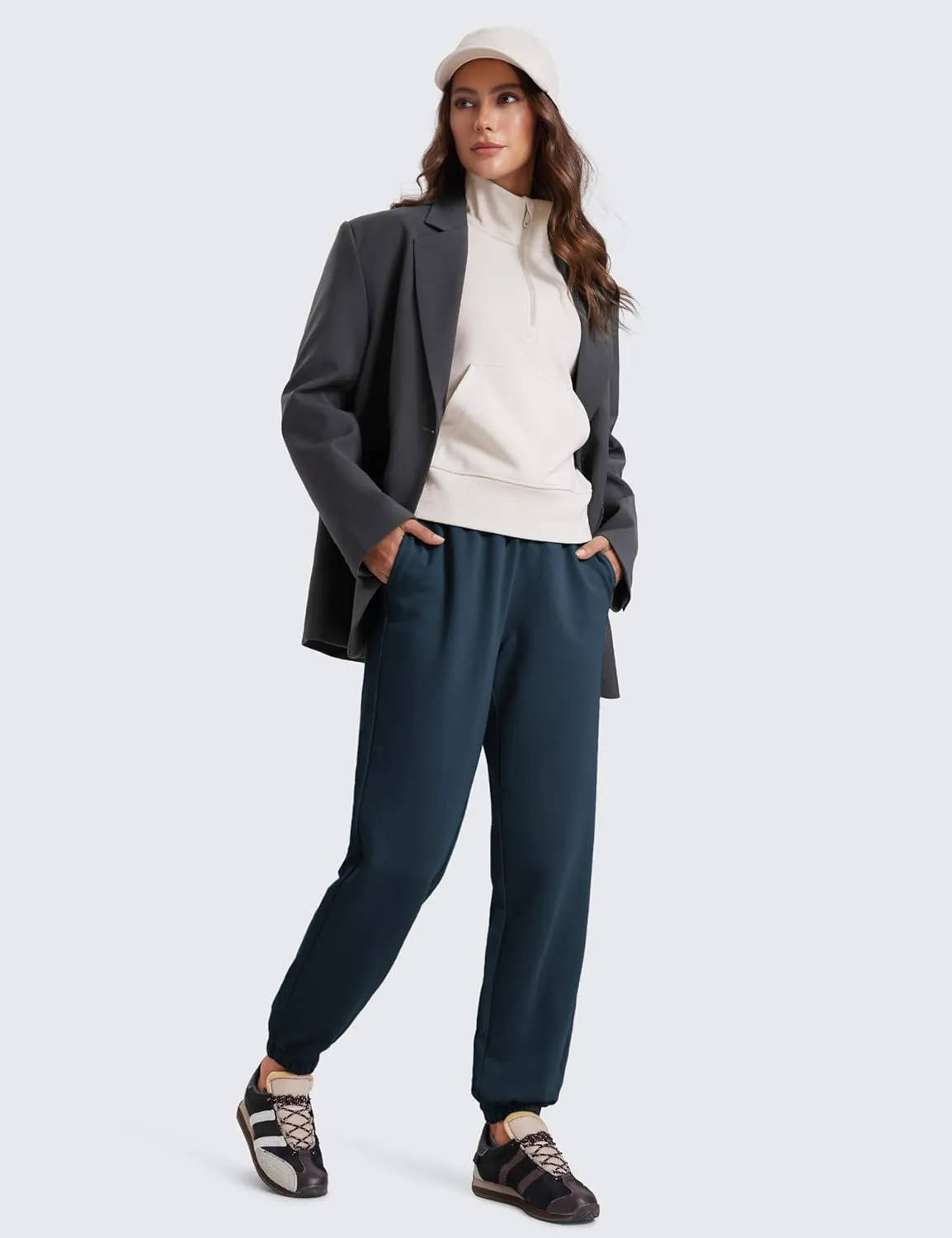 CRZ YOGA Fleece Sweatpants Women Cotton Joggers High Waisted Lounge Casual Travel Elastic Bottom Pants with Pockets