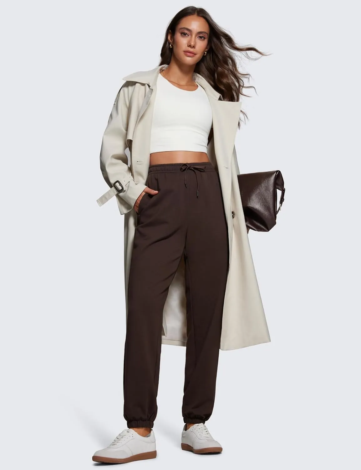 CRZ YOGA Fleece Sweatpants Women Cotton Joggers High Waisted Lounge Casual Travel Elastic Bottom Pants with Pockets