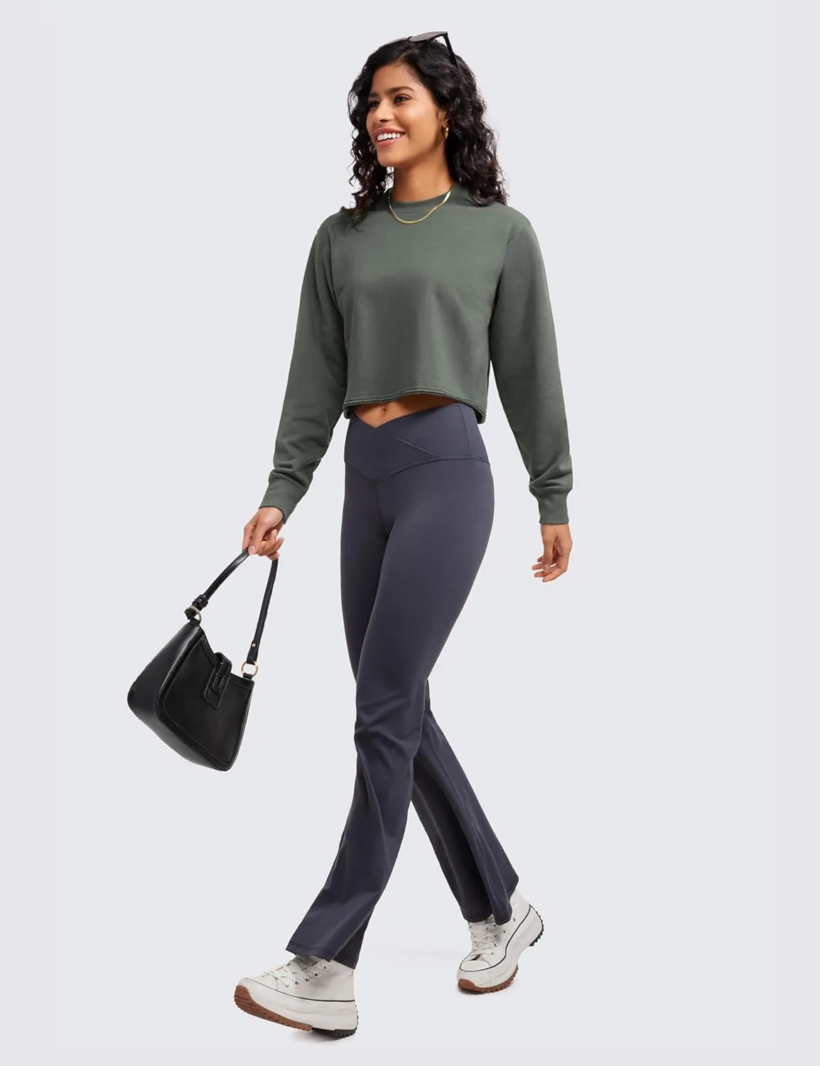 CRZ YOGA Womens Fleece Cropped Sweatshirts Crewneck Long Sleeve Double Raw Hem Workout Casual Pullover Tops
