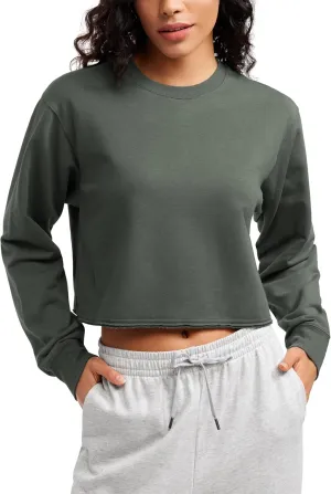 CRZ YOGA Womens Fleece Cropped Sweatshirts Crewneck Long Sleeve Double Raw Hem Workout Casual Pullover Tops