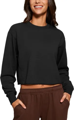 CRZ YOGA Womens Fleece Cropped Sweatshirts Crewneck Long Sleeve Double Raw Hem Workout Casual Pullover Tops