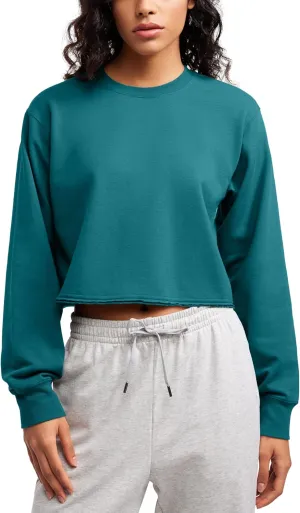 CRZ YOGA Womens Fleece Cropped Sweatshirts Crewneck Long Sleeve Double Raw Hem Workout Casual Pullover Tops