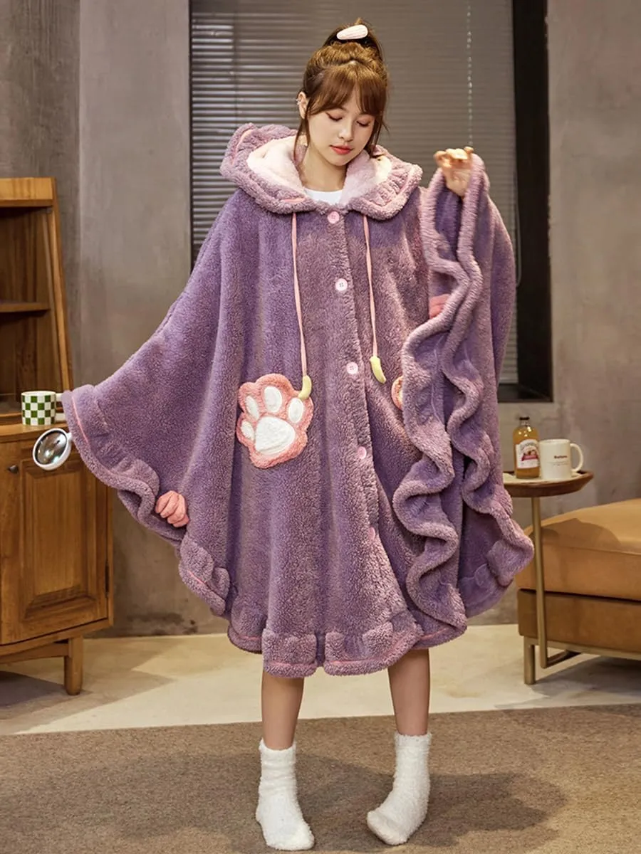 Cute Fuzzy Robe Women Housecoats Cat Ear Hooded Cloak Plush Fleece Warm Sleepwear Winter Bathrobes Kawaii Pajamas