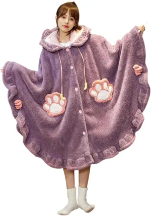 Cute Fuzzy Robe Women Housecoats Cat Ear Hooded Cloak Plush Fleece Warm Sleepwear Winter Bathrobes Kawaii Pajamas