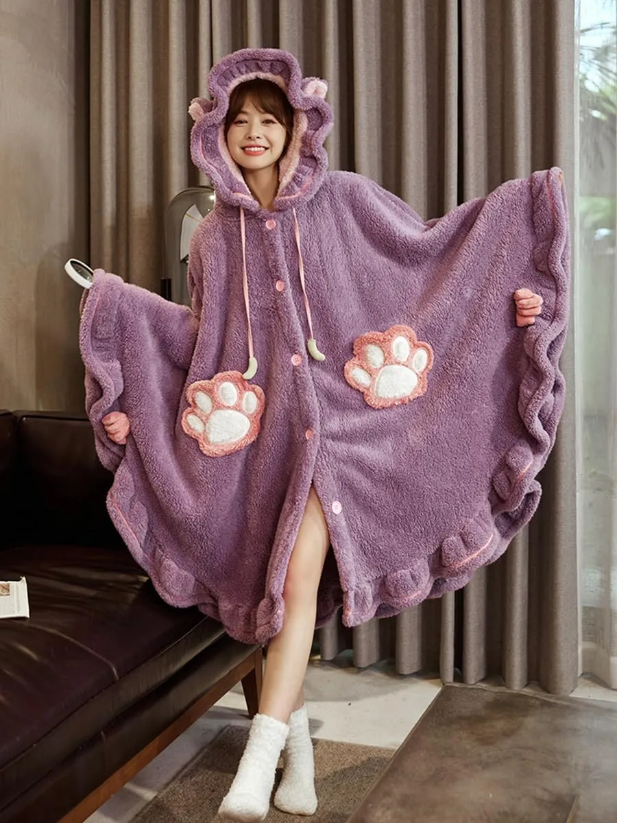 Cute Fuzzy Robe Women Housecoats Cat Ear Hooded Cloak Plush Fleece Warm Sleepwear Winter Bathrobes Kawaii Pajamas