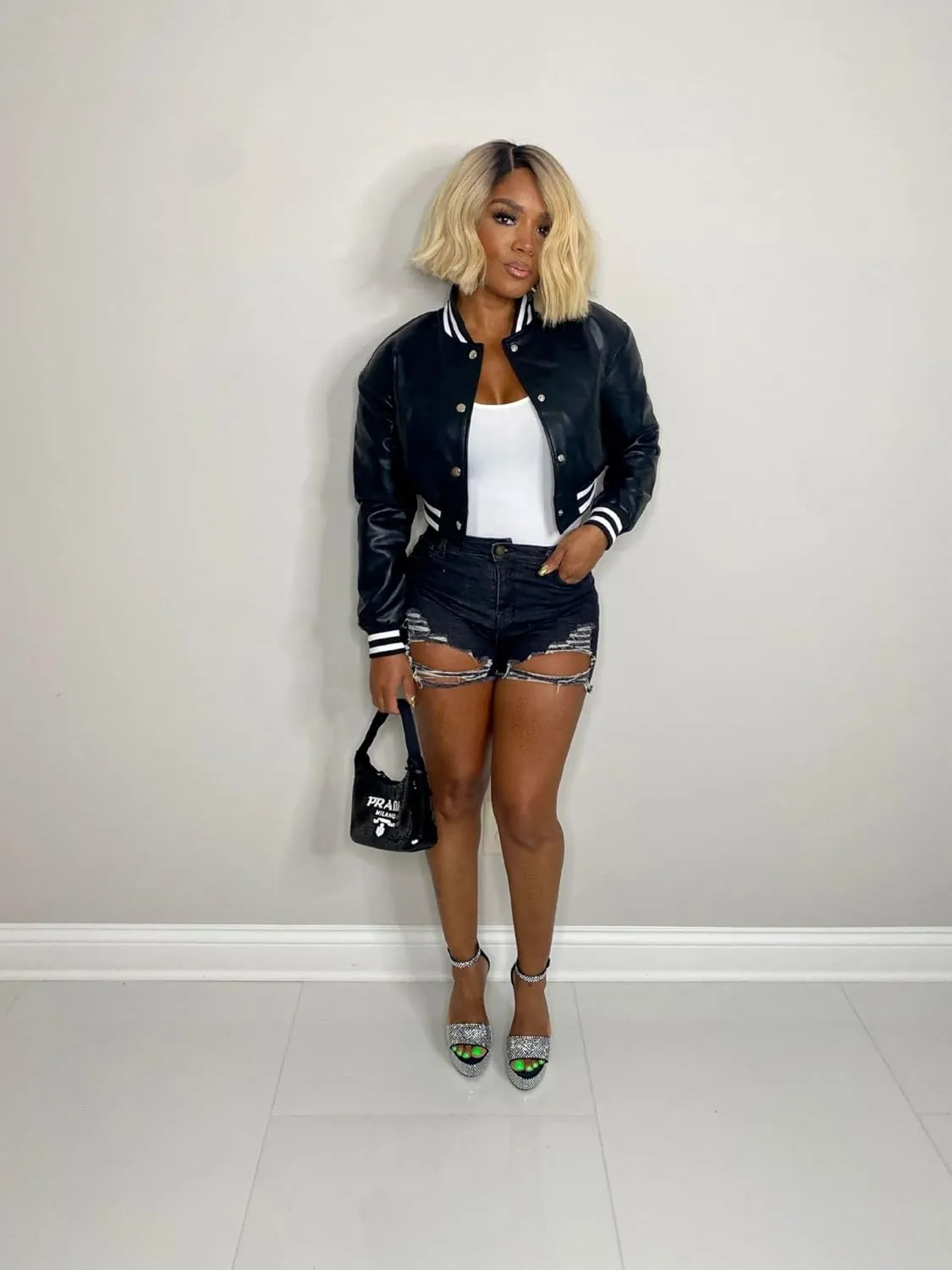 CXINS Women Crop Bomber Jacket Oversized Varsity Button Down Baseball Faux Leather Jacket Coat PU Outwear Vintage Streetwear
