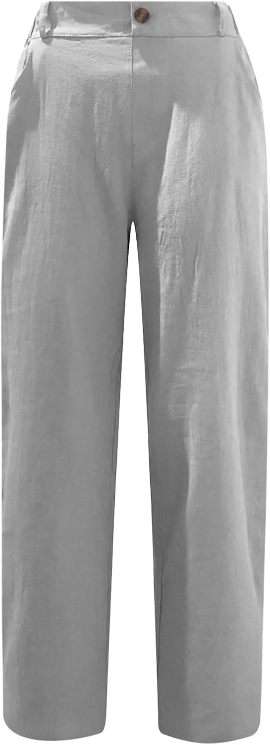 DASAYO Women Button Cotton Linen Capris Trousers Casual Beach Crop Straight Capri Pant Elastic Waist Summer Cropped Pants