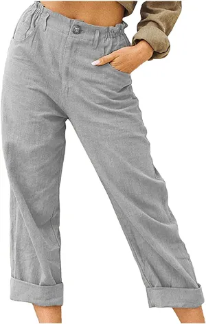 DASAYO Women Button Cotton Linen Capris Trousers Casual Beach Crop Straight Capri Pant Elastic Waist Summer Cropped Pants