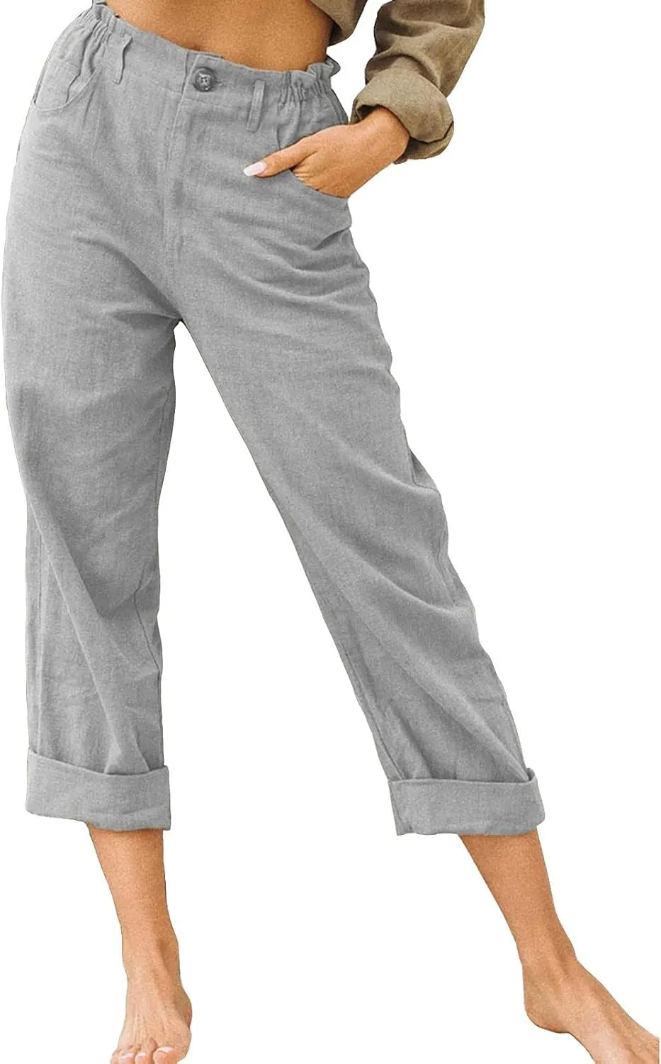 DASAYO Women Button Cotton Linen Capris Trousers Casual Beach Crop Straight Capri Pant Elastic Waist Summer Cropped Pants