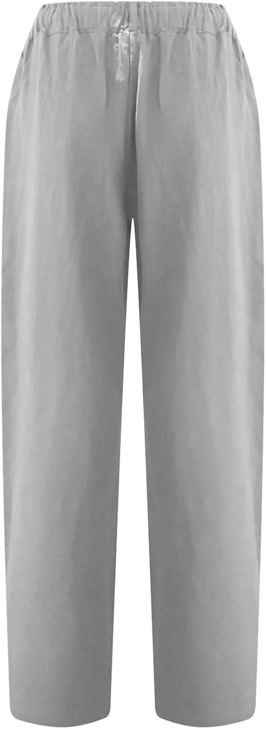 DASAYO Women Button Cotton Linen Capris Trousers Casual Beach Crop Straight Capri Pant Elastic Waist Summer Cropped Pants