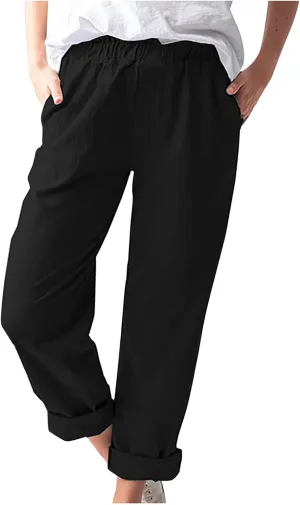 DASAYO Women's Elastic Waist Linen Pants Trendy Cotton Loose Fit Solid Casual Summer Lounge 2 Pockets Crop Straight Trousers