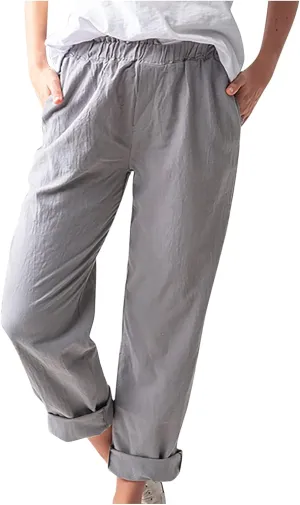 DASAYO Women's Elastic Waist Linen Pants Trendy Cotton Loose Fit Solid Casual Summer Lounge 2 Pockets Crop Straight Trousers