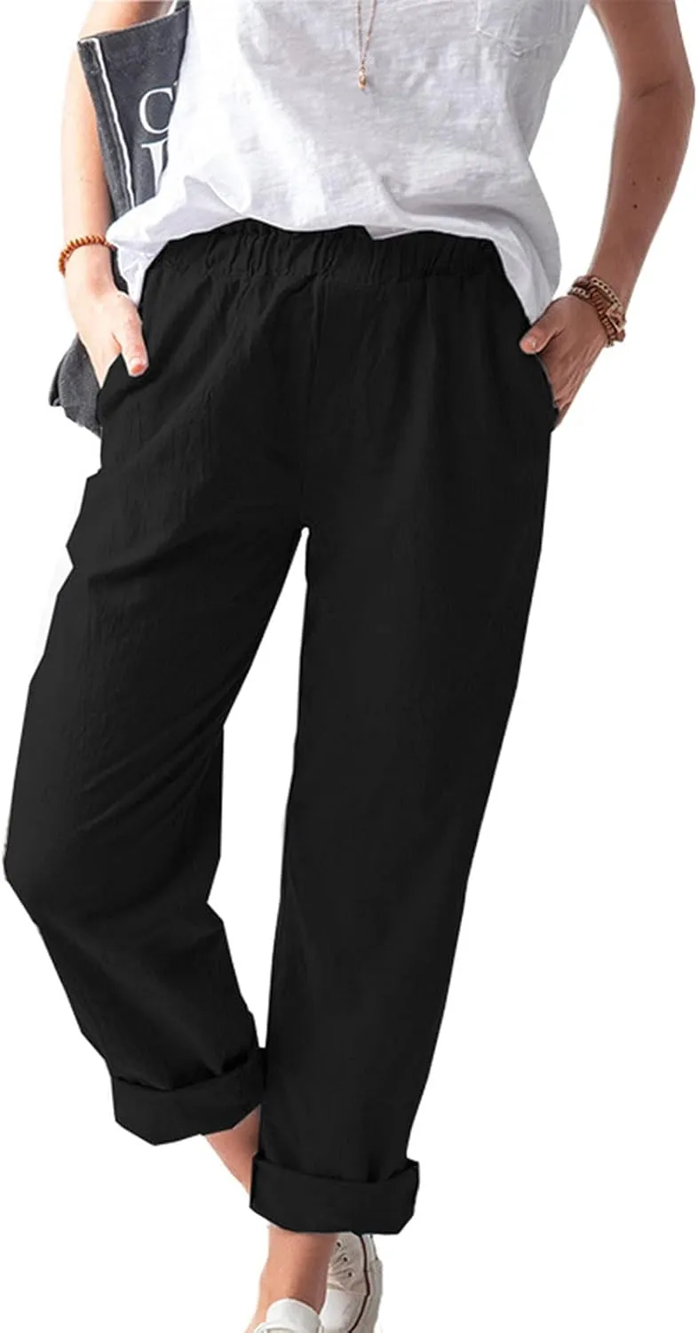 DASAYO Women's Elastic Waist Linen Pants Trendy Cotton Loose Fit Solid Casual Summer Lounge 2 Pockets Crop Straight Trousers