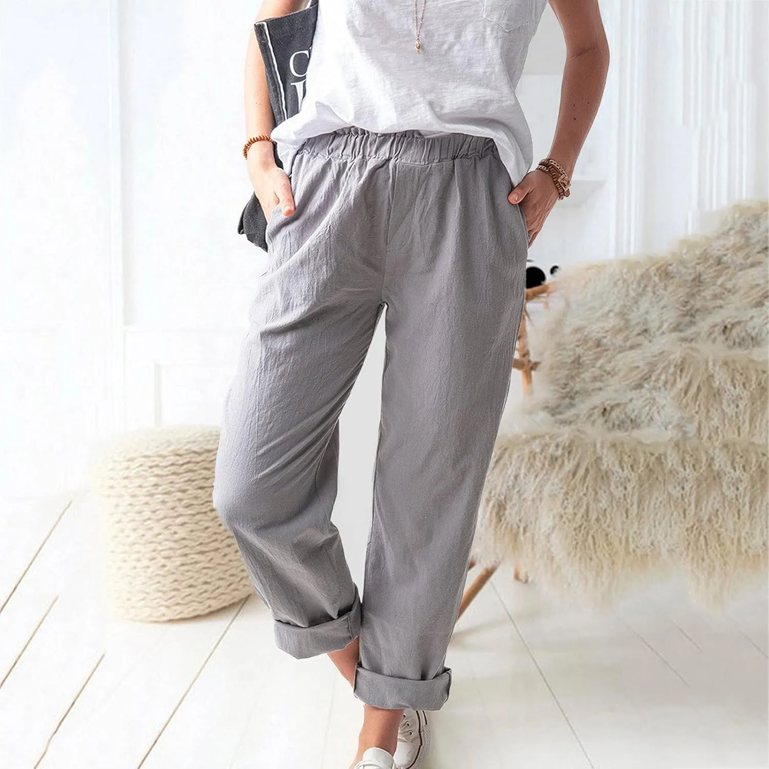 DASAYO Women's Elastic Waist Linen Pants Trendy Cotton Loose Fit Solid Casual Summer Lounge 2 Pockets Crop Straight Trousers