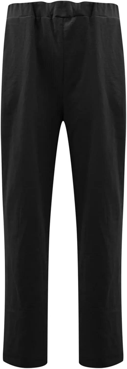 DASAYO Women's Elastic Waist Linen Pants Trendy Cotton Loose Fit Solid Casual Summer Lounge 2 Pockets Crop Straight Trousers