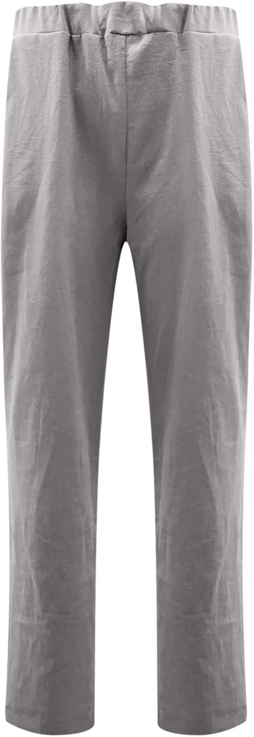 DASAYO Women's Elastic Waist Linen Pants Trendy Cotton Loose Fit Solid Casual Summer Lounge 2 Pockets Crop Straight Trousers