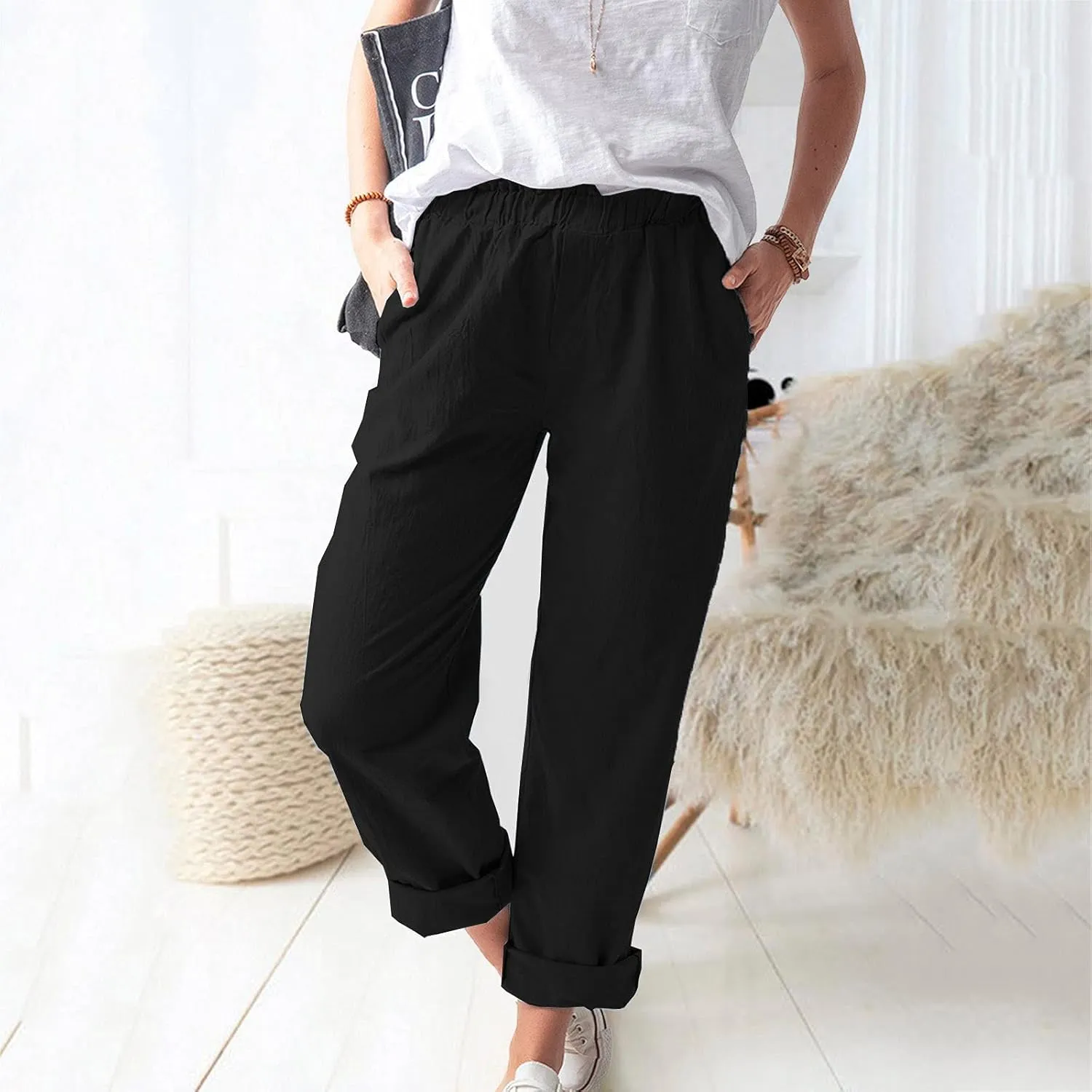 DASAYO Women's Elastic Waist Linen Pants Trendy Cotton Loose Fit Solid Casual Summer Lounge 2 Pockets Crop Straight Trousers