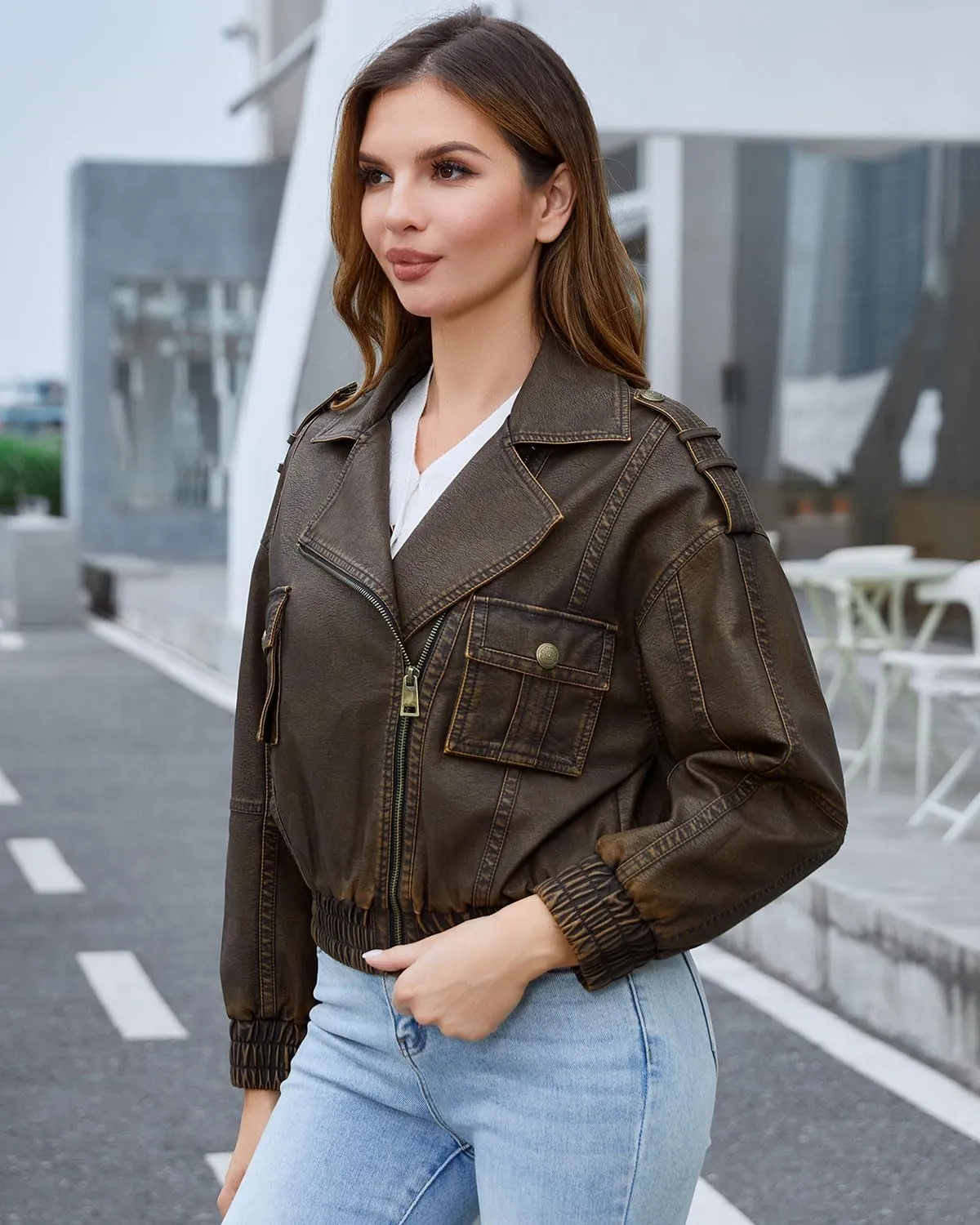 DIASHINY Faux Leather Jacket For Women Moto Biker Zip Up Motorcycle Loose Outwear