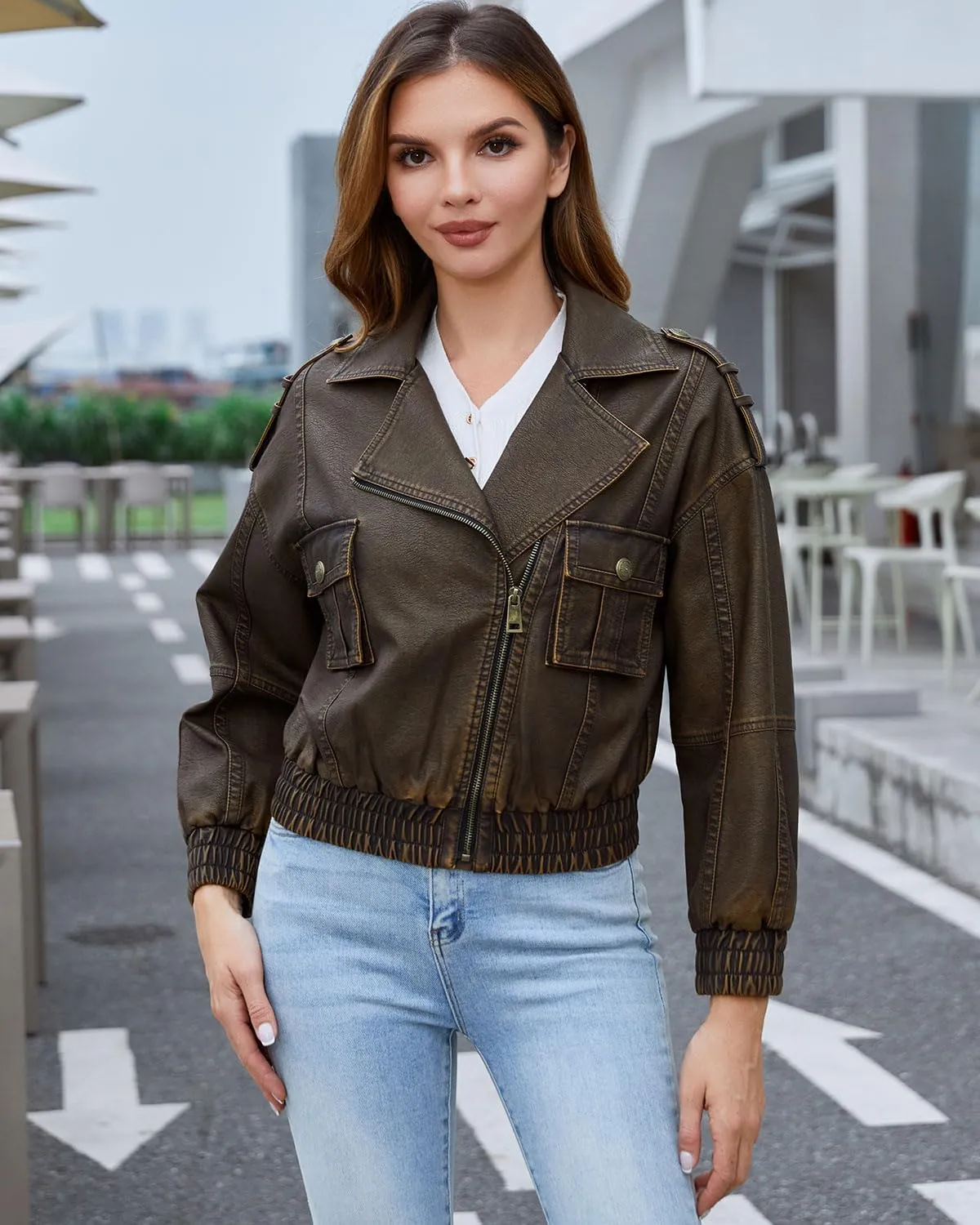 DIASHINY Faux Leather Jacket For Women Moto Biker Zip Up Motorcycle Loose Outwear