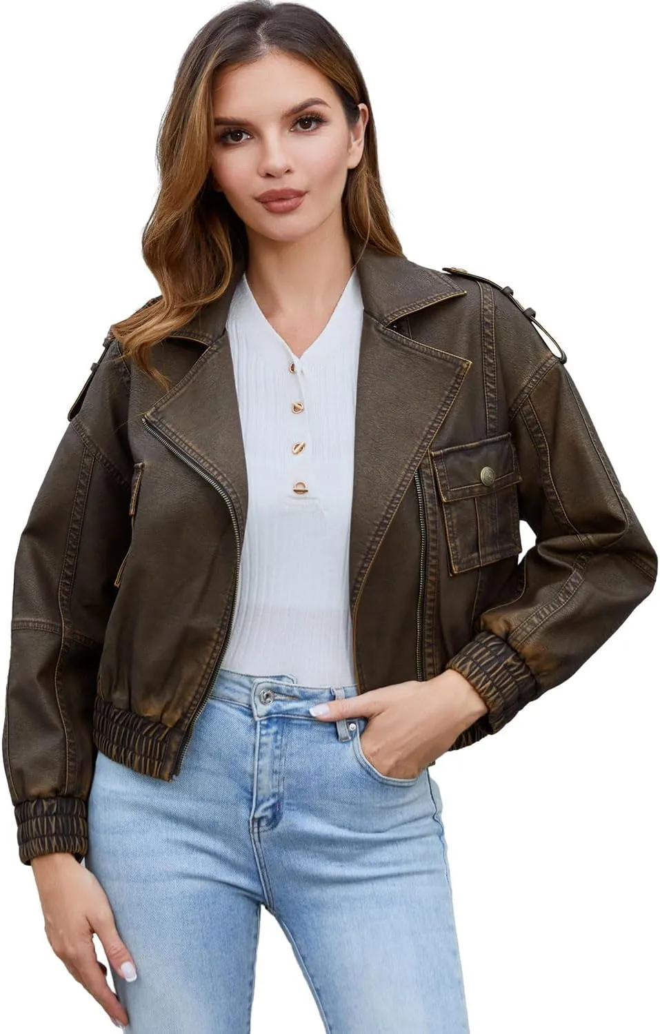 DIASHINY Faux Leather Jacket For Women Moto Biker Zip Up Motorcycle Loose Outwear