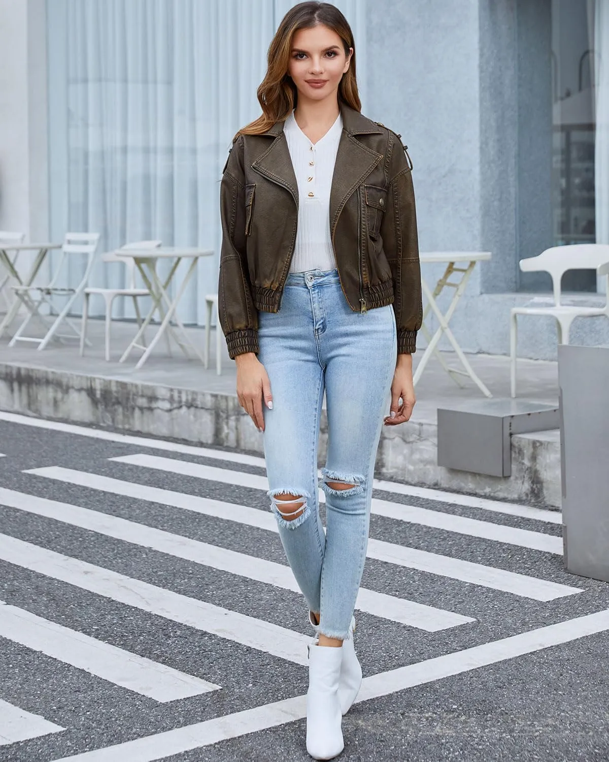 DIASHINY Faux Leather Jacket For Women Moto Biker Zip Up Motorcycle Loose Outwear