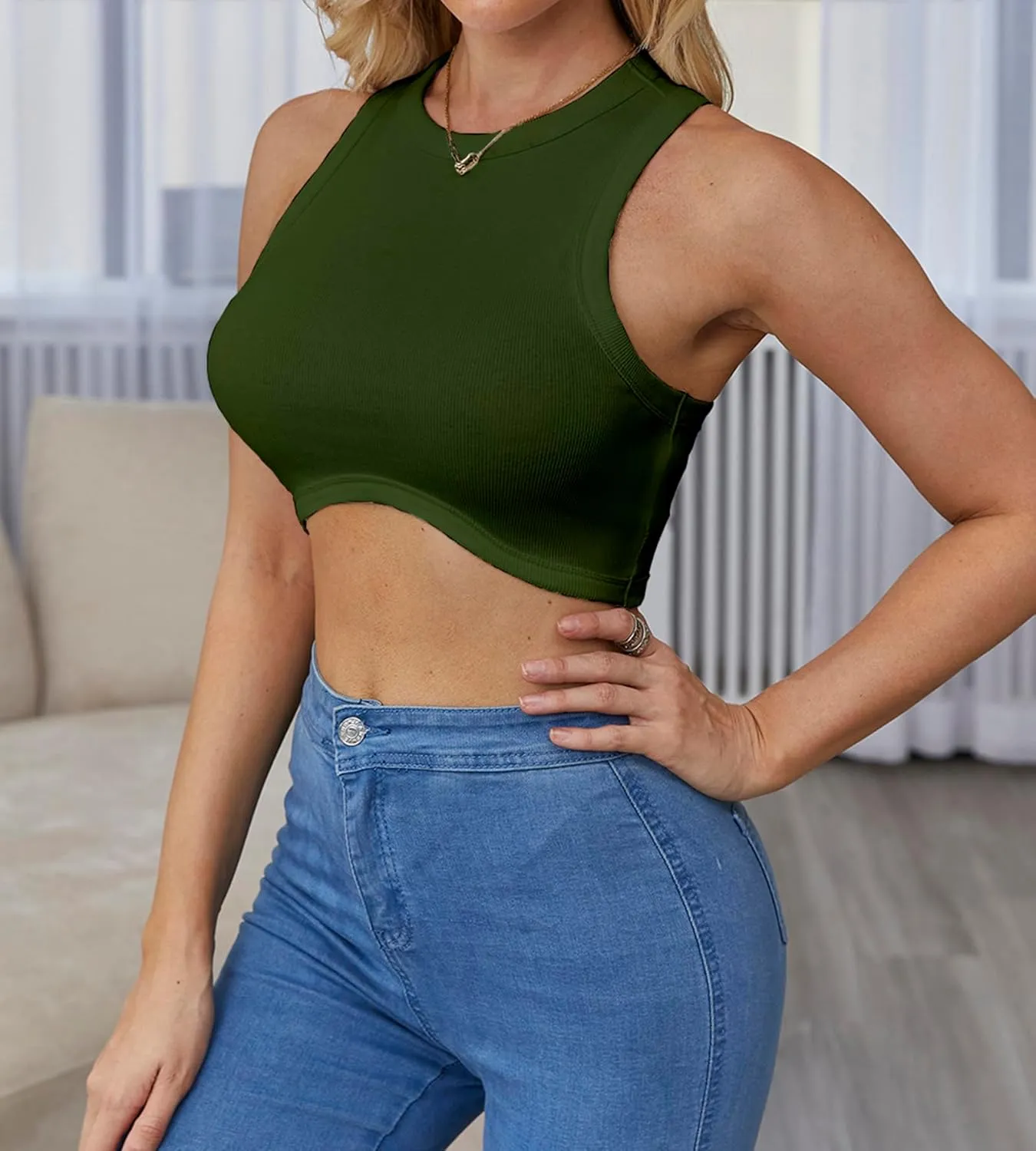 Dwnval Sexy Sleeveless Crewneck Tank Top Ribbed Knitted Crop Tops for Women