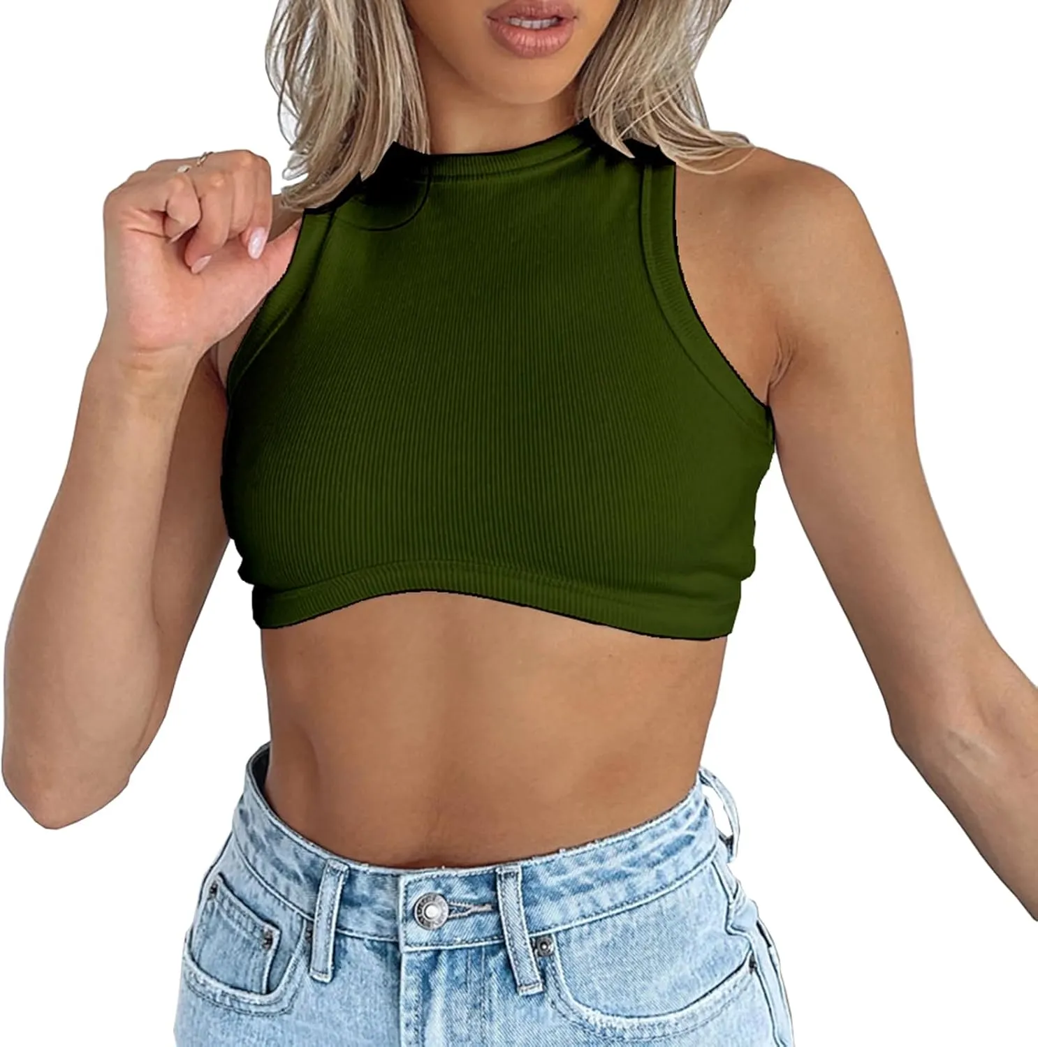 Dwnval Sexy Sleeveless Crewneck Tank Top Ribbed Knitted Crop Tops for Women