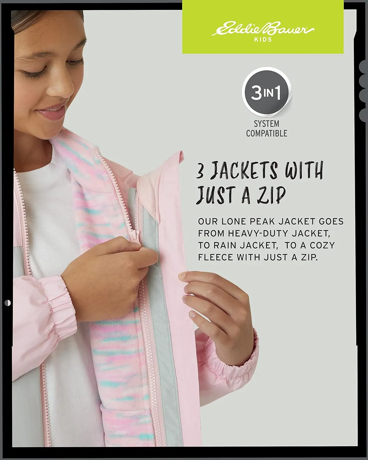 Eddie Bauer Girls' Rain Jacket - Lone Peak Waterproof 3 in 1 Insulated Windbreaker Coat with Removable Fleece Lining (5-20)