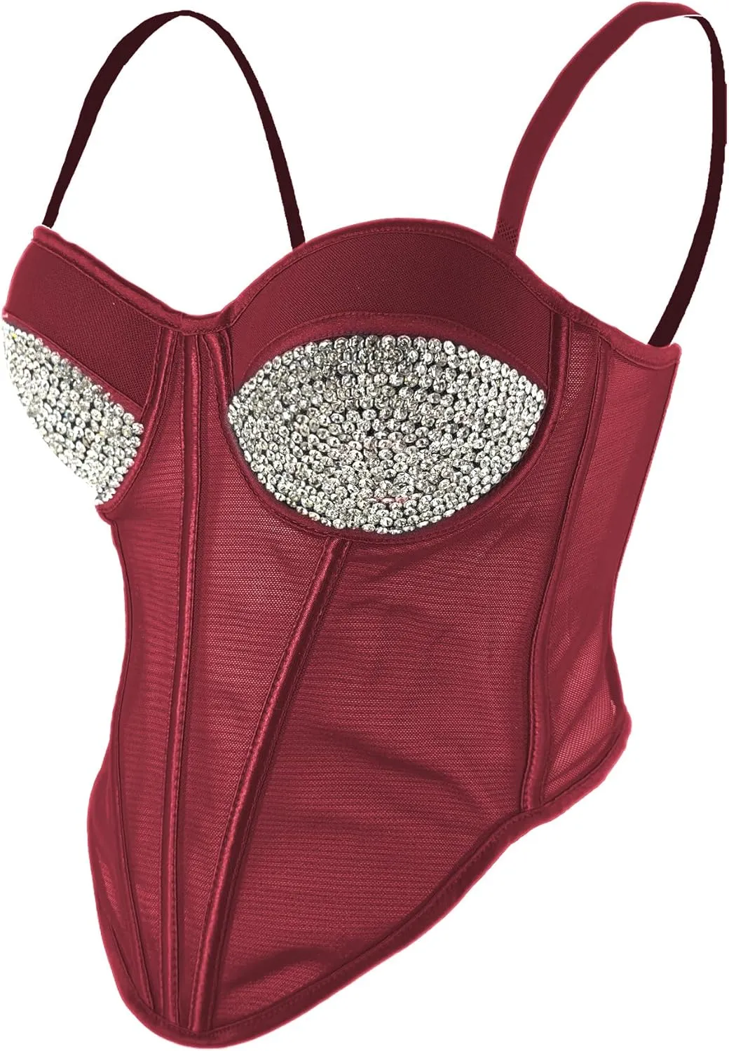 ELLACCI Women's Rhinestone Mesh Corset Top Sexy Club Party Bustier Tops Burgundy