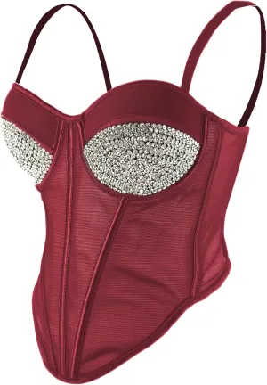 ELLACCI Women's Rhinestone Mesh Corset Top Sexy Club Party Bustier Tops Burgundy