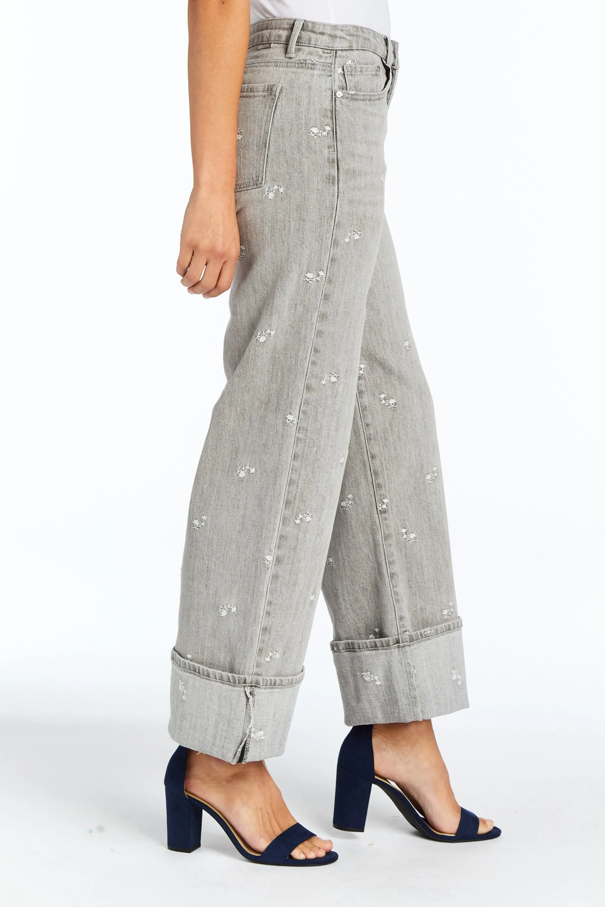 Embroidered Cuffed Wide Leg