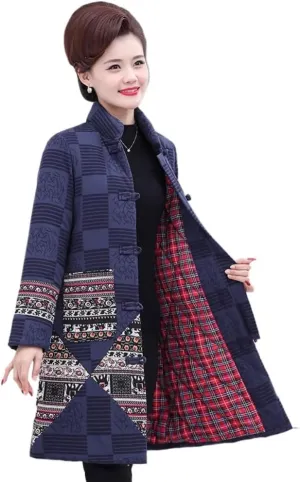 Ethnic style womens and winter midlength cotton coat mothers wear stand collar retro button padded jacket