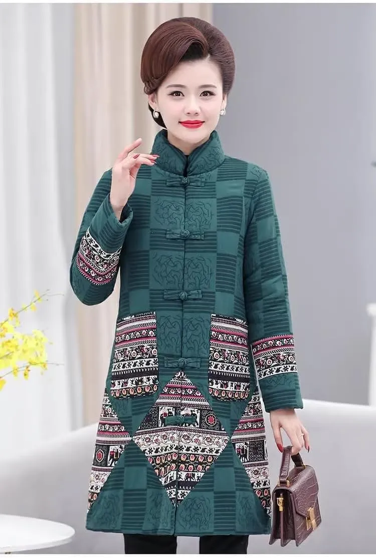 Ethnic style womens and winter midlength cotton coat mothers wear stand collar retro button padded jacket