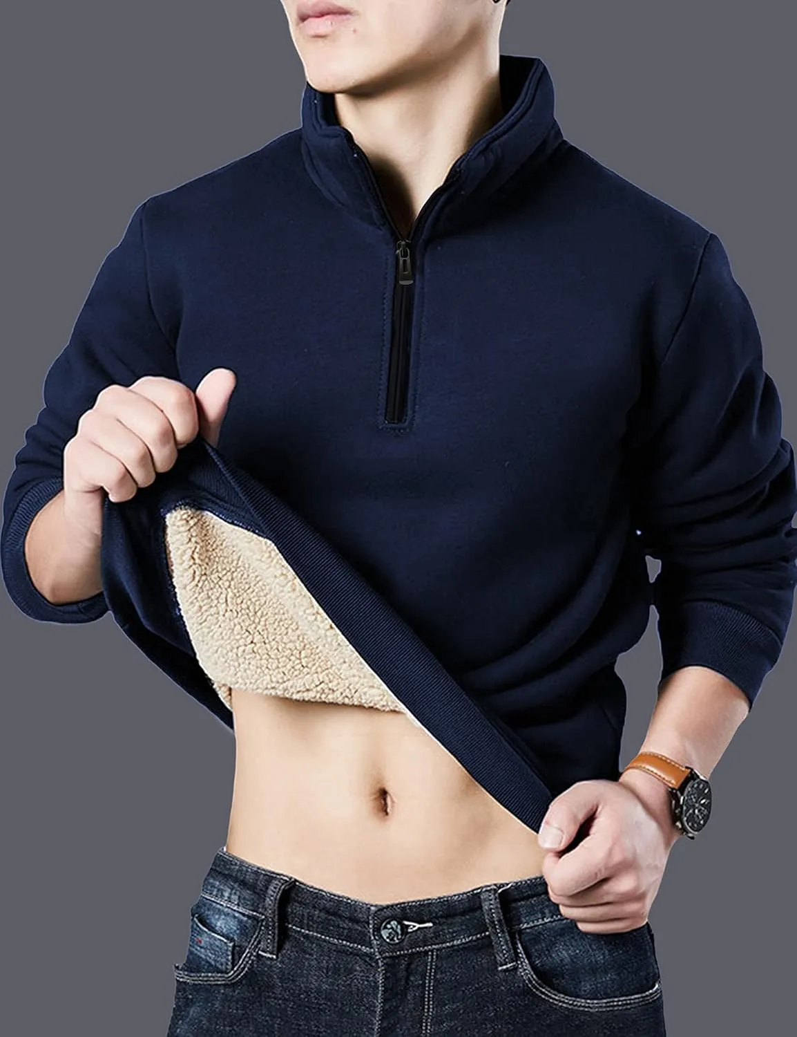 Faleave Men's Sherpa Lined Sweatshirt Fleece Crewneck Winter Thermal Thick Pullover Top