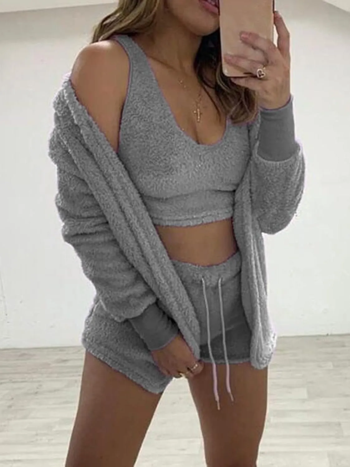 Famnbro Women's Sexy Fuzzy 3 Piece Outfits Fleece Warm Hooded Cardigan Crop Top Shorts Set Pajamas Loungewear