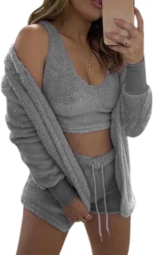 Famnbro Women's Sexy Fuzzy 3 Piece Outfits Fleece Warm Hooded Cardigan Crop Top Shorts Set Pajamas Loungewear