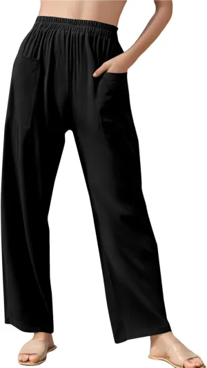 fanmpghleoo Linen Pants Women Summer Elastic High Waisted Wide Leg Linen Pants for Women 2025 Comfy Lounge Pants with Pockets