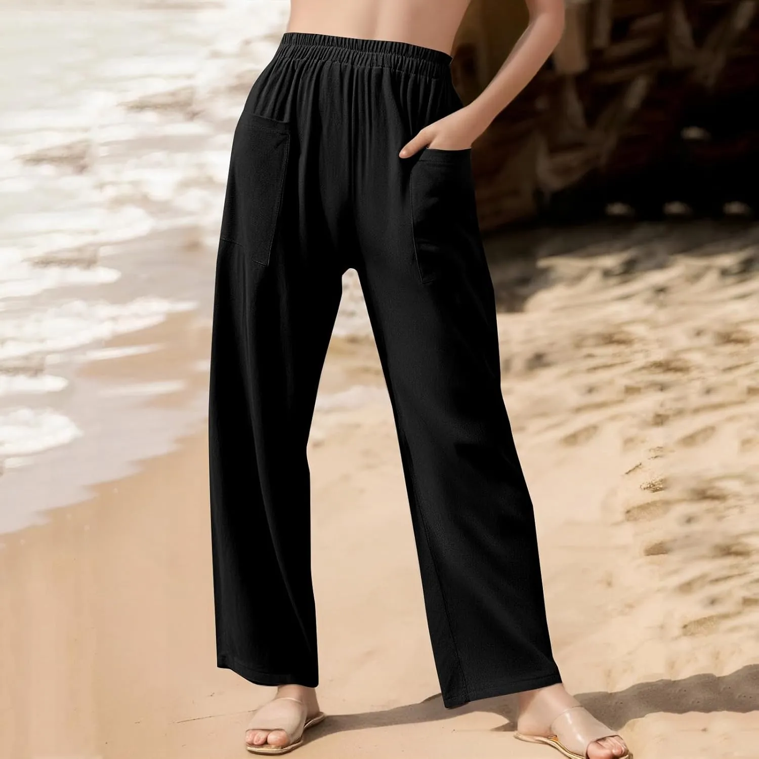 fanmpghleoo Linen Pants Women Summer Elastic High Waisted Wide Leg Linen Pants for Women 2025 Comfy Lounge Pants with Pockets