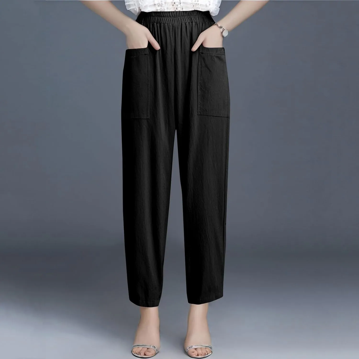 fanmpghleoo Linen Pants Women Summer Elastic High Waisted Wide Leg Linen Pants for Women 2025 Comfy Lounge Pants with Pockets